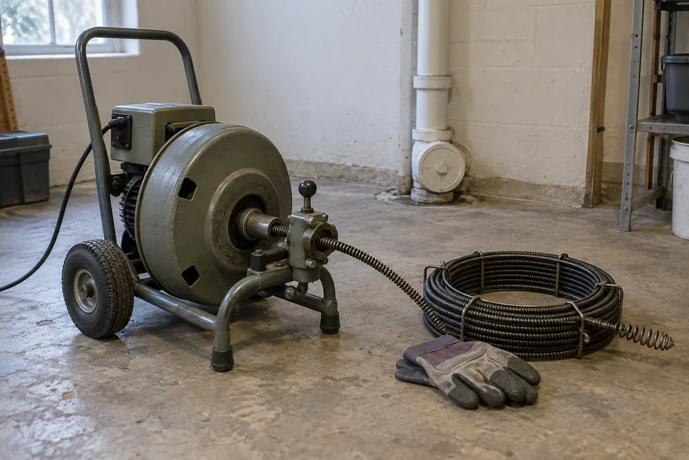 Sewer cable machine and coiled drain-cleaning cable prepared for service